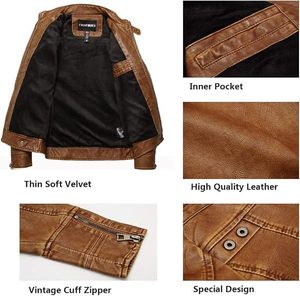 Blouson moto homme en cuir marron écologique, col montant, fermeture éclair, coupe ajustée, manches classiques, couleur unie, pour l'hiver - Product Image 4