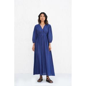 Vestido Maxi Azul Premium, Corte en A, Cuello en V, Manga Corta, 100% Algodón Natural, Ecológico, Transpirable, Estilo Veraniego para Mujer - Product Image 1