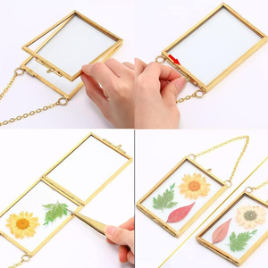 Marco de fotos rectangular de latón con cadena para colgar, marco de metal hecho a mano para flores y hojas secas, acabado personalizado. - Product Image 6