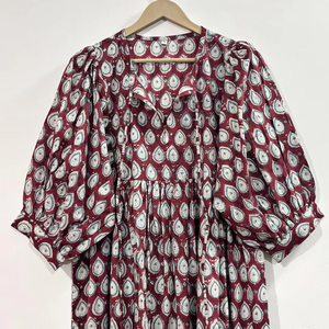 Vestido Midi Casual para Mujer, 100% Algodón Tejido, Estampado Floral, Liso, Mangas Abullonadas, Cintura Imperio, Estilo Babydoll, Cuello en V, Talla Grande - Product Image 3