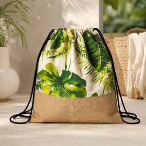 Sac à cordon en coton naturel et jute 140 GSM 38x42 cm, impression CMYK tropicale, logo personnalisé, promotionnel, vente en gros, marque privée, en vrac - Product Image 5