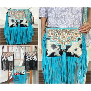 Sacs à bandoulière grande capacité pour femmes, sacs à main de créateur en cuir de vachette travaillé à la main, sacs bandoulière à franges style western, sacs à main bohèmes élégants style western - Product Image 1