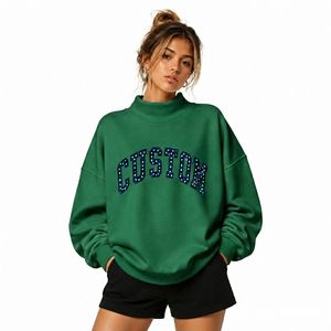Women Oversized Burgundy Sweatshirt Long Sleeve Knitted Embroidered Letter Print Autumn Casual Breathable Cotton <b>Mock</b> Neck - Product Image 5