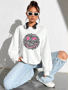 Sudadera con Capucha para Mujer, Nueva, de Alta Calidad, con Estampado de Leopardo, Cara Sonriente y Corazón, Sudadera Suave para Otoño, Sudadera Cálida para Mujer, Estilo Urbano - Product Image 1