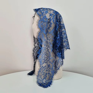 Royal Blue Floral Design Embroidered French <b>Lace</b> <b>Elastic</b> 110cm Width Catholic Chapel Mass Veil Mantilla Premium Korean Gifts - Product Image 6