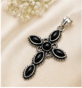 Black Onyx Cross Pendant Necklace, Handmade Sterling <b>Silver</b> Gothic Jewelry, Natural Black Onyx Gemstone Cross <b>Charm</b> Pendant for - Product Image 3