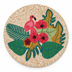 Salvamantel de Cuentas de Vidrio con Diseño de Flamenco Tropical y Motivo Floral Rosa |   Mantel de Mesa Moderno y Ecológico Hecho a Mano con Hojas Verdes Vibrantes - Product Image 1