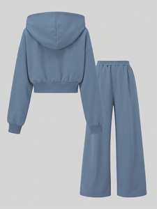 Conjunto de Sudadera Corta con Cremallera y Pantalones Anchos de Felpa para Mujer, Chándal de Forro Polar Pesado con Logotipo Personalizado, Conjunto de Algodón Premium - Product Image 5