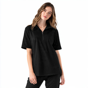 Oversized Zip-Up Polo Shirts Women Summer Short Sleeve Polo Shirt Ladies 100% Cotton <b>Drop</b> Shoulder Zip Up Polo Shirts Women's - Product Image 5