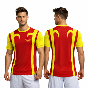 เสื้อฟุตบอลสีแดงเหลืองแบบกำหนดเอง ปี 2025 ชุดฟุตบอลระบายอากาศ แห้งเร็ว แบบซับลิเมชั่น เสื้อฝึกซ้อมทีม OEM ชุดกีฬา - Product Image 1