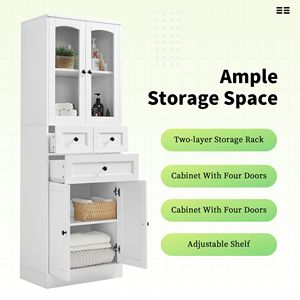 Mobiletto Alto in MDF per Bagno con Quattro Ante e Cassetti, Ripiano Regolabile per Vanità da Bagno - Product Image 3