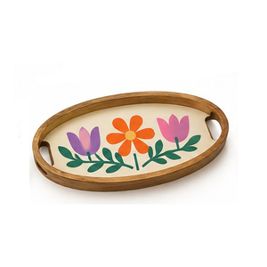 Hexagonal <b>Wood</b> Serving <b>Tray</b> With Red Heart Geometric Pattern Lacquered Finish Decorative Residential Use - Product Image 2