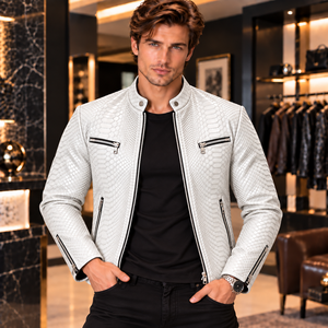 <b>Mens</b> <b>White</b> Embossed Snake Leather <b>Jacket</b> Slim Fit Biker Coat with Breathable Silk Lining Winter Streetwear - Product Image 1