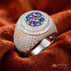 Bague Moissanite Homme Hip Hop en Argent Sterling avec Halo de Pierres Précieuses Multicolores, Bijou de Luxe Effet Glacé - Product Image 4