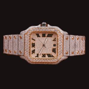 Reloj Impresionante de Diseño Cuadrado Personalizado con Números Romanos, Esfera Completamente Adornada con Diamantes Moissanite, Hecho a Mano, Estilo Hip Hop - Product Image 1