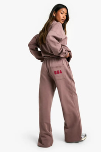 Pantalones deportivos de mujer 100% algodón color moca con estampado de bolsillo estilo americano, de pierna recta, de felpa suave, pantalones de chándal para mujer. - Product Image 2