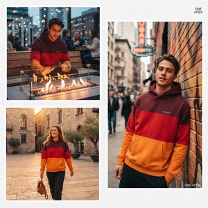 Men's Burgundy Red <b>Orange</b> Color Block Hooded <b>Fleece</b> Sweatshirt Oversized Casual Streetwear Pullover Autumn Style - Product Image 6