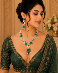 Conjunto de Collar de Cadena con Eslabones en Verde Esmeralda de Lujo con Diamantes Americanos Chapados en Oro, Joyería para Bodas y Fiestas para Mujer - Product Image 1