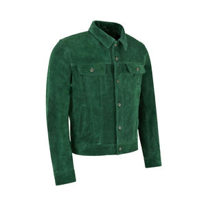 <b>Men's</b> Green <b>Suede</b> <b>Jacket</b> Casual Winter Wear Slim Fit Stand Collar Breathable Zipper Closure Regular Sleeve Solid Color - Product Image 4