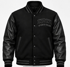 Chaqueta Varsity Negra para Hombre INDEX, Mangas de Cuero PU, Logotipo Bordado, Cuello Camisero, Cierre de Botones, Ropa de Otoño - Product Image 1