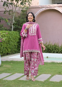 <b>Pink</b> Digital Print Farsi Design Cotton Women <b>Salwar</b> <b>Kameez</b> Set Dupatta 3/4 Sleeve Short Length Party Wear Pakistan Style Quick - Product Image 6