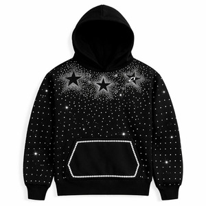 Rhinestone <b>Star</b> Cropped Hoodies Cotton Fleece Streetwear Pullover Heavy Embellished <b>Design</b> Unisex Fashion OEM Service - Product Image 5