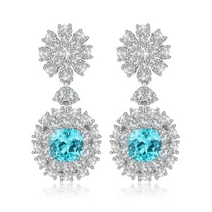 Luxury Flower Drop <b>Earrings</b> With Blue Zircon And <b>Diamond</b> Cluster 925 Silver Women's Wedding Jewelry - Product Image 1