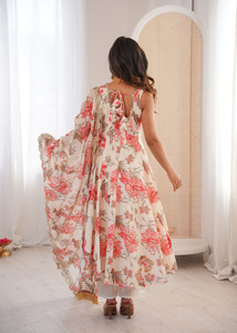 Vestido Maxi Artesanal de Muselina con Estampado Floral, Corte Kali, Voluminoso, con Velo de Organza Bordado y Parte Inferior Coordinada para Mujer - Product Image 6