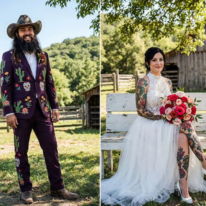 Traje de Novio Vaquero Morado para Hombre con Bordado de Cactus y Calavera, Atuendo Personalizado para Boda Occidental - Product Image 1