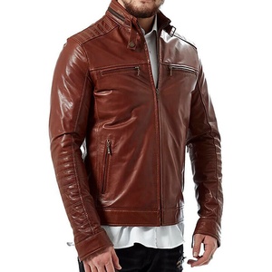 Veste de motard slim fit en cuir marron clair pour homme, entièrement personnalisée, avec veste avant 100% cuir d'agneau véritable. - Product Image 3