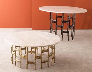 Mesa de centro de latón fundido con acabado travertino, mesa de centro geométrica moderna, mueble de diseño para sala de estar, mesa auxiliar contemporánea con detalles en latón - Product Image 6