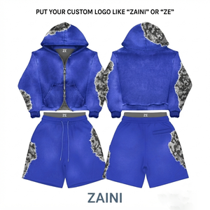 Conjunto de Sudadera con Capucha y Pantalones Cortos de Forro Polar de Algodón y Poliéster de 340 GSM para Hombre, Transpirable, para Invierno, Azul Rey Sólido, con Cierre Frontal con Logotipo Personalizado, Ropa Casual - Product Image 1