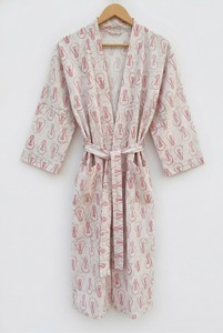Kimono indio de algodón tejido a mano con estampado de bloques, cuello alto, para mujer, verano, otoño, suave, ligero. - Product Image 5