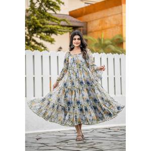 Stylish Georgette Gown with Square Collar and <b>Elastic</b> Waist Daily Wear Breathable Floral Print A-Line Silhouette RV Creation - Product Image 5