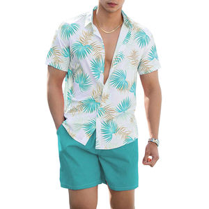 Chemise boutonnée à manches courtes pour hommes, blanc, vert sarcelle, motif feuilles tropicales, short assorti, ensemble 2 pièces, tenue de plage hawaïenne décontractée - Product Image 4