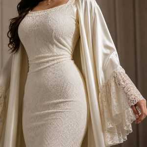 Vestido de Noche de Satén con Encaje Color Marfil, Bordado, Estilo Sirena, Abertura Frontal, Elegante Conjunto de Lencería Nupcial, Vestido Maxi Premium para Boda - Product Image 3
