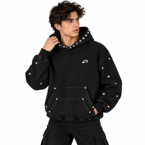 Sudadera con capucha de invierno para hombre, negra, de peso pesado, estilo streetwear personalizado, vintage, con lavado ácido, bolsillos, corte holgado y pedrería brillante, EE. UU. - Product Image 1