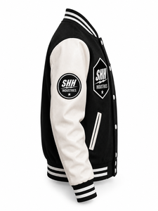 SHH INDUSTRIES Custom Black White Varsity Jacket Men Baseball Bomber with Embroidered Patches Snap Button College Letterman Jack - Product Image 3
