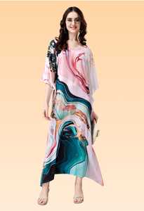 Vestido corto tipo caftán para mujer – Azul pastel con estampado floral abstracto de colores, túnica de corte holgado. - Product Image 3