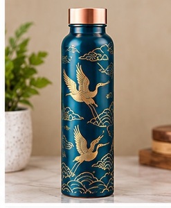 Ayurvedic Blue and Gold Floral <b>Copper</b> <b>Water</b> <b>Bottle</b> with <b>Copper</b> Lid Portable Travel Drinkware - Product Image 3