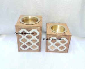 Trending Style Eco friendly <b>Bakhoor</b> Mubkhar Incense Burner With Wood & Resin Inlay Design Incense Burner Eid Incense Burner Set - Product Image 1