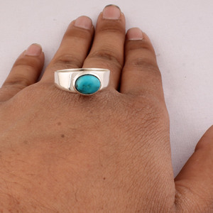 Wholesale 925 Sterling Silver Oval Turquoise <b>Ring</b> Bezel Set Natural Turquoise Cabochon <b>Plain</b> Band Gemstone Wedding Fine Jewelry - Product Image 1