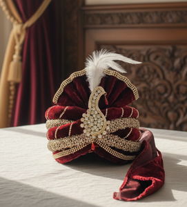 Pagdi traditionnel indien pour marié en velours marron royal avec broderie Zardosi riche et Kalgi décoratif en or motif paon pour mariage - Product Image 5