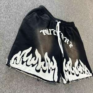 Pantalones Cortos de Felpa Francesa Negros de Peso Pesado, Estilo Vintage Deslavado al Sol, con Parches Bordados, Color Rojo, Casuales - Product Image 1