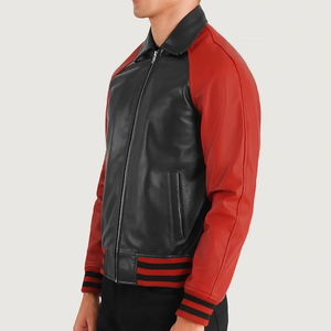 Men's Black <b>Red</b> Color Block Genuine Leather Eco-Friendly Winter Bomber <b>Jacket</b> Breathable <b>Waterproof</b> Windproof Moto Biker Style - Product Image 2