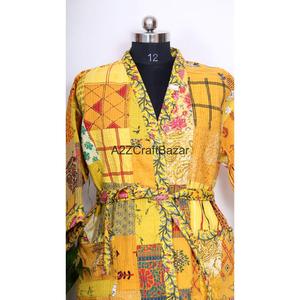 Robe kimono matelassée Kantha vintage de luxe en coton biologique 100% pur, patchwork indien fait main avec ceinture, short d'hiver doux - Product Image 4