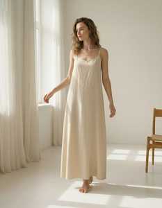 Women's 100% Linen V-neck Sweet Natural Waist Maxi Dress <b>Spaghetti</b> <b>Strap</b> Backless Regular Fit A-Line Summer Minimalist Casual - Product Image 3