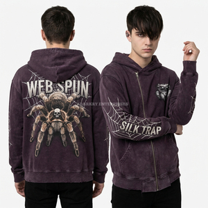 Sweat à capuche zippé vintage violet délavé à l'acide, motif livre magique Dark Tome, en molleton de coton 500 GSM, broderie runique, style streetwear, fournisseur - Product Image 3