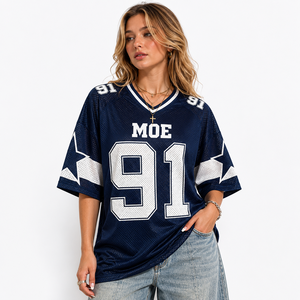 Camiseta Deportiva Unisex con Hombros Caídos, Estampado Personalizado, Estilo Fútbol Americano, Top Corto Azul para Mujer, Camiseta de Fútbol Transpirable de Malla, Estilo Hip Hop - Product Image 5