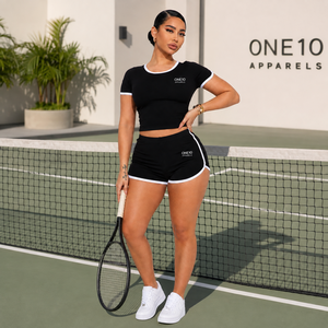Custom Logo <b>Women</b> One Set Solid <b>Black</b> Short Sleeve <b>Crop</b> <b>Top</b> with Side Stripe Knee Four-Way Stretch Spandex Sporty Casual Outfit - Product Image 6